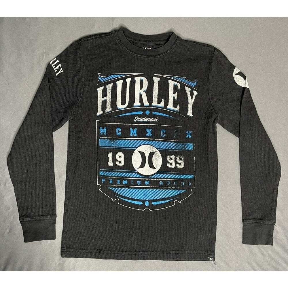 Hurley 1999 Logo Black Long Sleeve Graphic Tee Shirt Mens Size Small Premium Fit